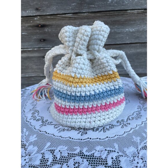 Vintage 1970s Cotton Crochet Pastel Stripe Drawstring Bag Purse - Picture 2 of 13